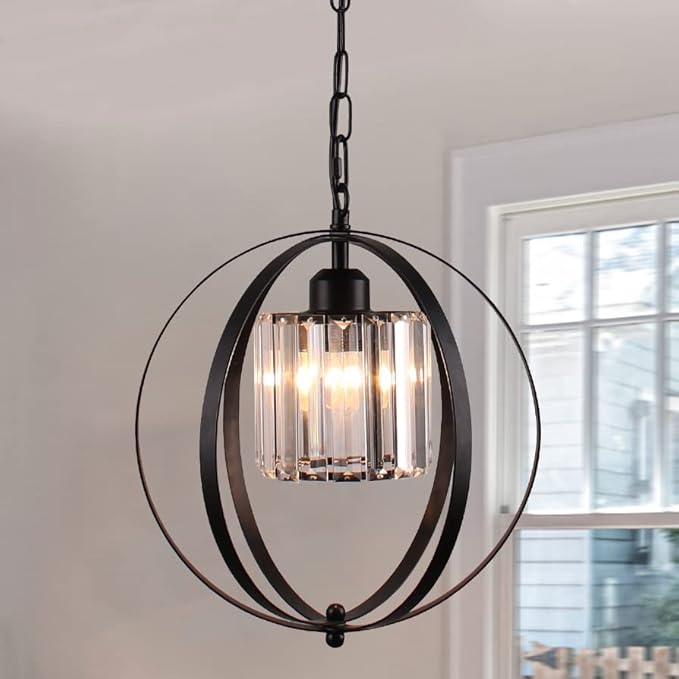 FRIXCHUR Farmhouse Chandelier Crystal Pendant Light Adjustable Hanging Light Fixtures Orb Globe Chandeliers for Kitchen Island Dining Room Foyer Bedroom (Black)