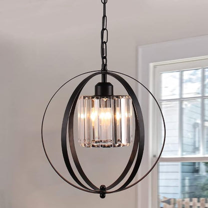 FRIXCHUR Farmhouse Chandelier Crystal Pendant Light Adjustable Hanging Light Fixtures Orb Globe Chandeliers for Kitchen Island Dining Room Foyer Bedroom (Black)