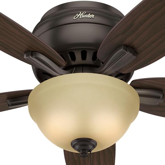 Hunter 52 inch Indoor Ceiling Fan with LED Light - Bronze Ceiling Fan with Pull Chain, For Bedroom or Living Room, Low Profile Flush Mount, No Remote, 5 Blades - Newsome 53314, Premier Bronze