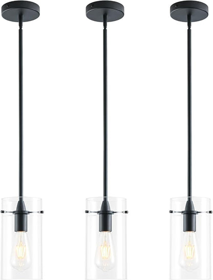 3 Pack Pendant Lights Kitchen Island, Adjustable Hanging Glass Pendant Light Fixtures, Matte Black Pendant Lights Kitchen Island, Modern Kitchen Pendant Lighting Over Island