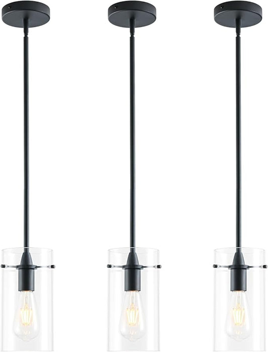 3 Pack Pendant Lights Kitchen Island, Adjustable Hanging Glass Pendant Light Fixtures, Matte Black Pendant Lights Kitchen Island, Modern Kitchen Pendant Lighting Over Island