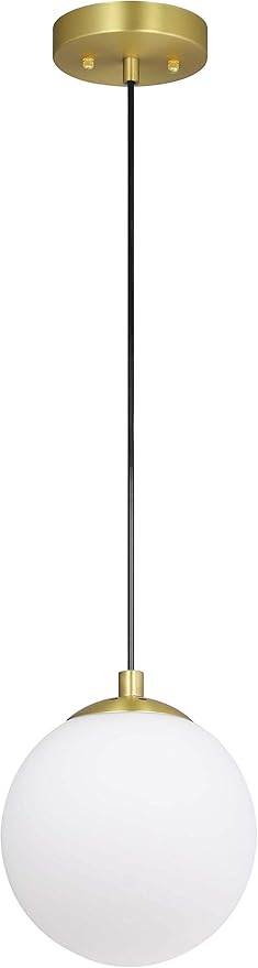 XiNBEi Lighting 8" Globe Pendant Light, Mid Century Brass Pendant Light with White Globe Glass Adjustable Hanging Fixtures for Kitchen Island Living Room XB-P1211-SB