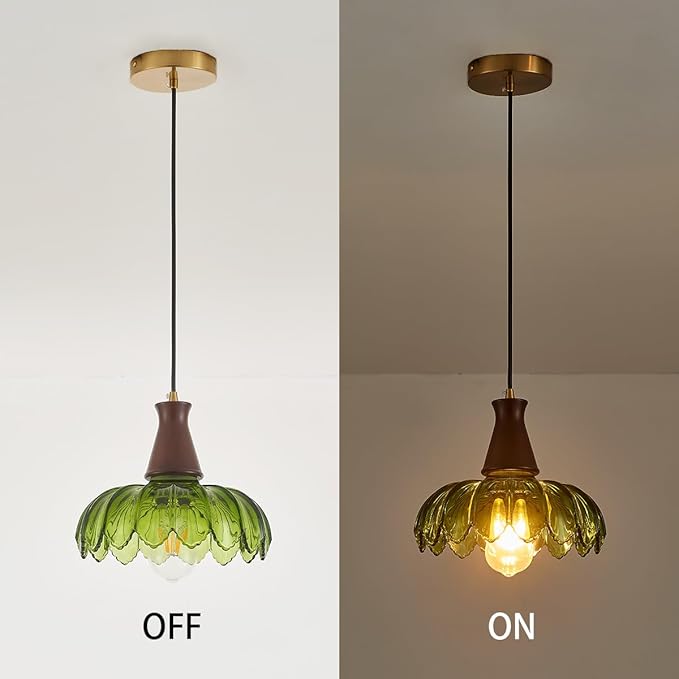 YLONG-ZS Glass Pendant Light,Pendant Lights Kitchen Island,Modern Green Glass Flower Pendant Light, Walnut Wood Vintage Kitchen Hanging Lights for Kitchen Island Dining Room Living Room Bedroom Hotel