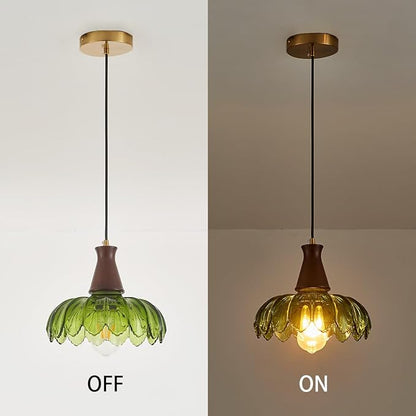 YLONG-ZS Glass Pendant Light,Pendant Lights Kitchen Island,Modern Green Glass Flower Pendant Light, Walnut Wood Vintage Kitchen Hanging Lights for Kitchen Island Dining Room Living Room Bedroom Hotel