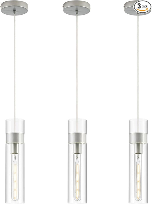3 Pack Pendant Lights Kitchen Island (Bulbs Included), Brushed Nickel Adjustable Modern Glass Pendant Light Over Island, Industrial Pendant Light Fixtures for Dining Room Hallway Bedroom Living Room