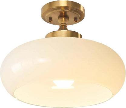 Milky White Glass Semi Flush Mount Ceiling Light, 11.02" Mid Century Modern Gold Close to Ceiling Light Fixture, Vintage Ceiling Lamp for Bedroom Hallway Kitchen Entryway