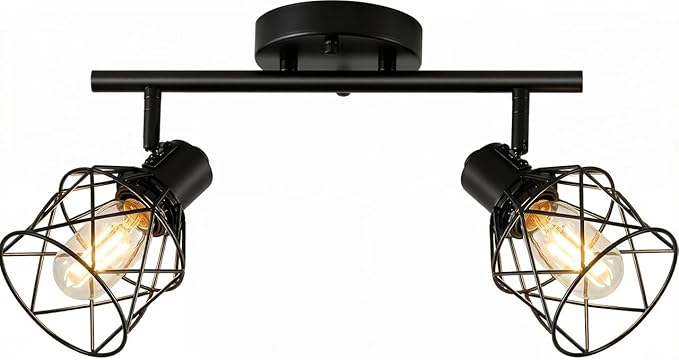 2-Lights Kitchen Track Lighting, Adjustable Multi-Directional Ceiling Light Fixtures, Rotatable Farmhouse Light Fixtures Mount with Metal Cage for Dining Room, Living Room, Bedroom, E26 Base