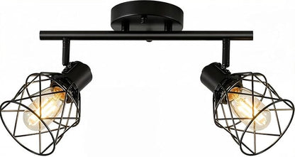 2-Lights Kitchen Track Lighting, Adjustable Multi-Directional Ceiling Light Fixtures, Rotatable Farmhouse Light Fixtures Mount with Metal Cage for Dining Room, Living Room, Bedroom, E26 Base