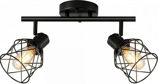 2-Lights Kitchen Track Lighting, Adjustable Multi-Directional Ceiling Light Fixtures, Rotatable Farmhouse Light Fixtures Mount with Metal Cage for Dining Room, Living Room, Bedroom, E26 Base