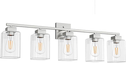 5 Light Bathroom Vanity Light - Brush Nickel Bathroom Light Fixtures Square Design & UL Certification, 31 Inch Long Light Fixtures Over Mirror for Bedroom & Restroom