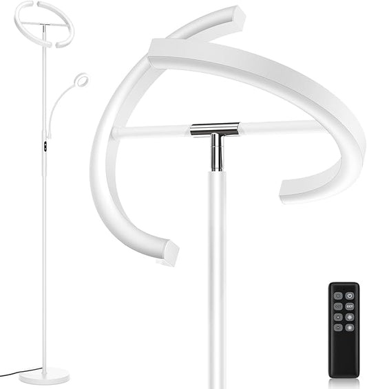 SIBRILLE White LED Floor Lamp - Dimmable 2 Lights Standing Lamp with Remote&Touch Control, 4 Color& 10 Brighness Adjustable Floor Reading Light, Modern Tall Lamp for Living Room Bedroom Office Corner