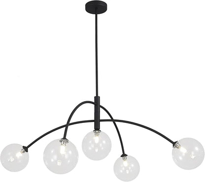 Mid Century Modern Sputnik Chandelier Adjustable 5 Light Pendant Light Fixture Clear Glass Black Ceiling Chandelier for Dining Room Kitchen Bedroom