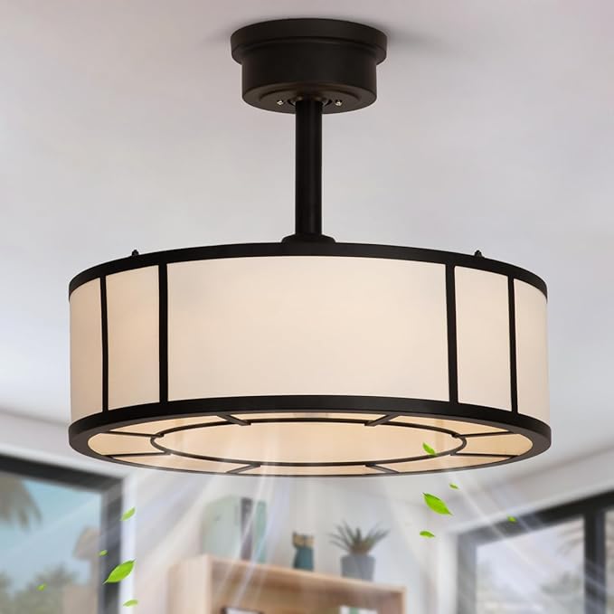 SHLUCE Fandelier Caged Boho Ceiling Fan with Light, Farmhouse Small Ceiling Fans with Lights and Remote, Rustic Bladeless Ceiling Fans with Lights for Bedroom, Kitchen, 6 Lights, 6 Speeds, White