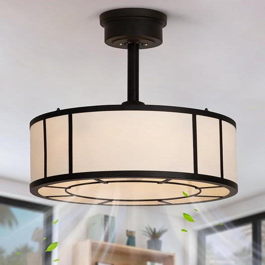 SHLUCE Fandelier Caged Boho Ceiling Fan with Light, Farmhouse Small Ceiling Fans with Lights and Remote, Rustic Bladeless Ceiling Fans with Lights for Bedroom, Kitchen, 6 Lights, 6 Speeds, White