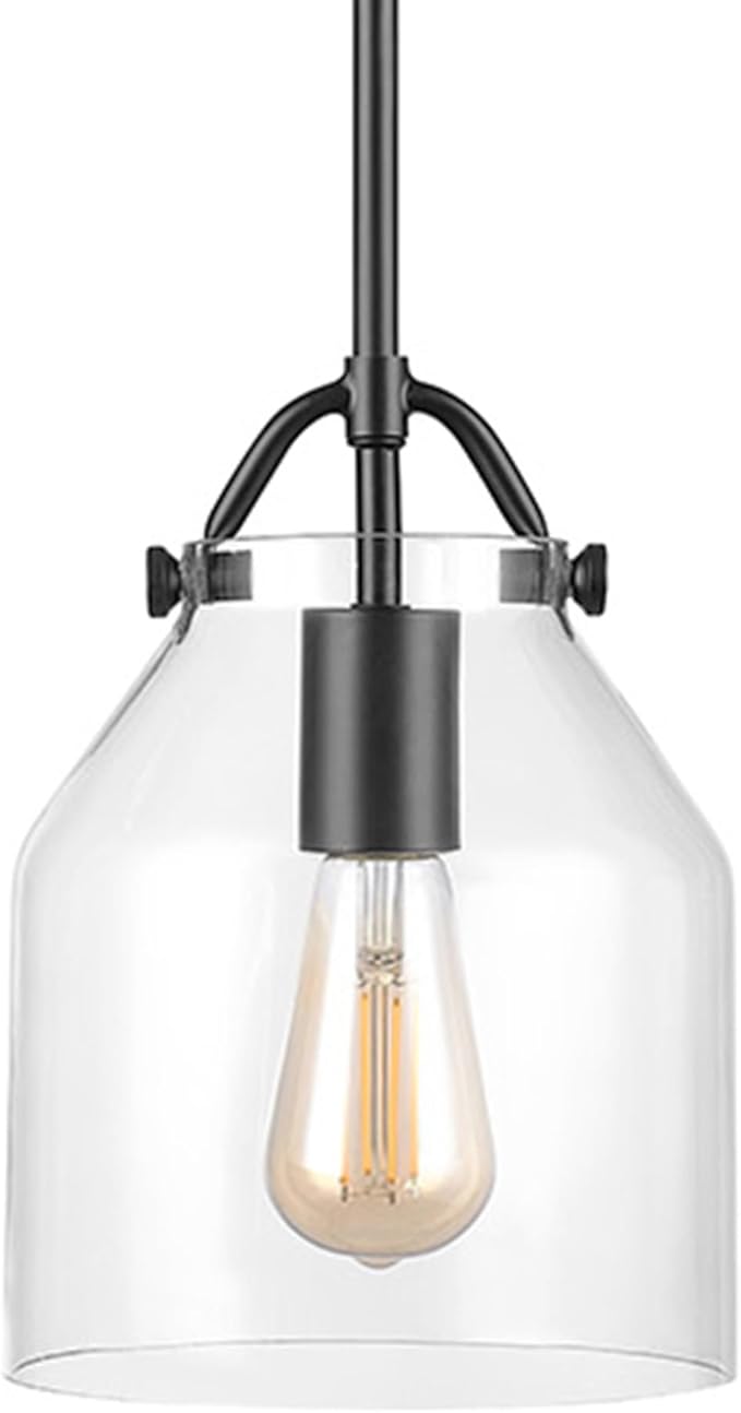 Globe Electric 67000097 1-Light Pendant Light Fixture, Matte Black, Clear Glass Shade, Adjustable Hanging Height Rods, Kitchen Island Lighting, Modern Farmhouse, Dimmer Switch Compatible