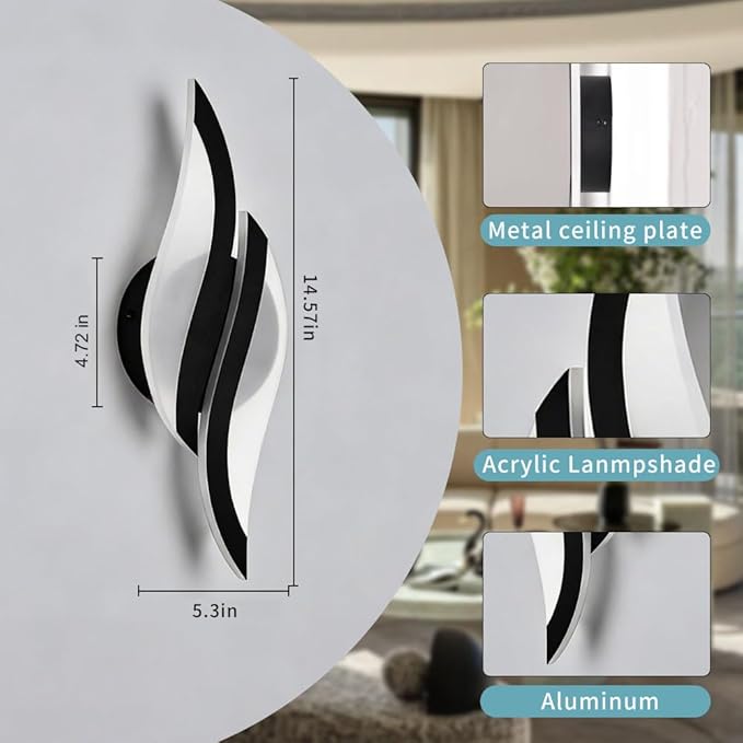 Modern LED Wall Sconce 2 Pack Wall Light Fixtures, 6000K Indoor Black Wall Light for Living Room Bedroom Hallway Stairs
