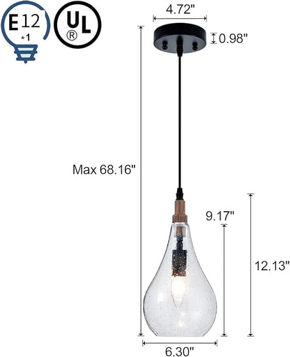 Farmhouse Wood Bubble Seeded Glass Pendant Light Adjustable Industrial Pendant Lighting Fixtures for Kitchen Island Dining Room Bedroom Entryway Sink