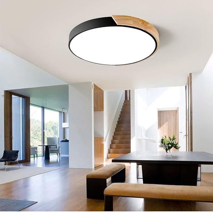 LED Ceiling Light Fixture,10 Inch Modern Wood Recessed Ceiling Lights,Dimmable Light,12W Black Close to Ceiling Lighting Flush Mount Living Room Bedroom,3000K-6000K