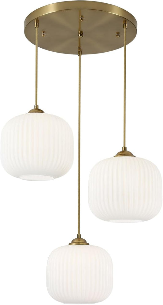 BOKT White Pendant Lights Kitchen Island 3 Light Globe Cluster Pendant Light Large Ribbed Glass Cluster Chandelier Gold Vintage Adjustable Hanging Light Fixture for Sink Dining Room
