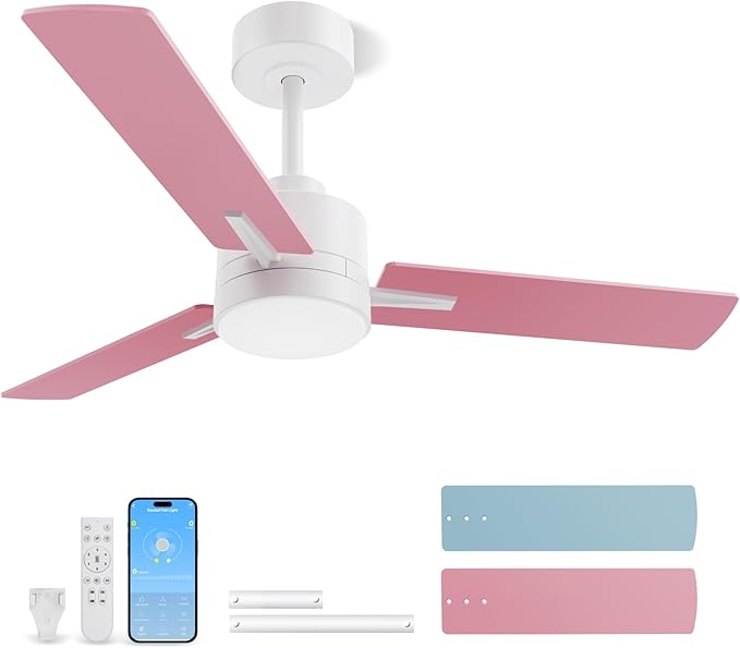 LANMEL 42'' Ceiling Fan with Lights and Remote, Pink Blue Ceiling Light for Kids Room, Modern Ceiling Fan for Boys Girls, 6 Speed, Reversible, 3000k-6000k LED, Quiet DC Motor for Indoor Outdoor