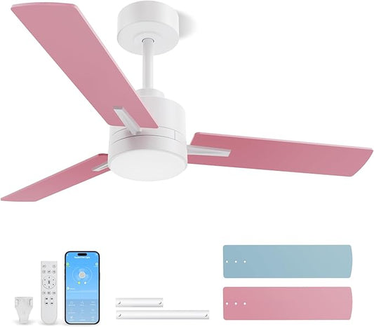 LANMEL 42'' Ceiling Fan with Lights and Remote, Pink Blue Ceiling Light for Kids Room, Modern Ceiling Fan for Boys Girls, 6 Speed, Reversible, 3000k-6000k LED, Quiet DC Motor for Indoor Outdoor