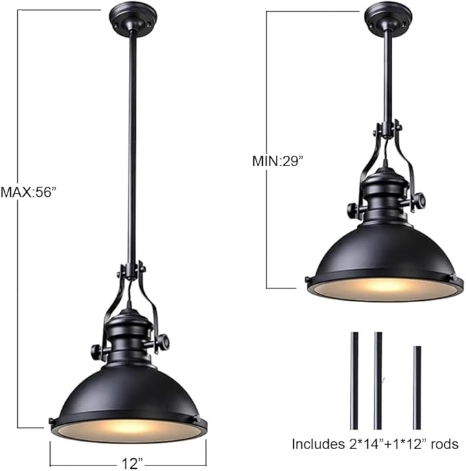 12 Inch Industrial Pendant Light with Diffuser, Vintage Hanging Fixture for Kitchen Island, Dining Room, Farmhouse, Bar, Cafe, Dimmable Rustic Ceiling Lamp (Black, 3 Pack)
