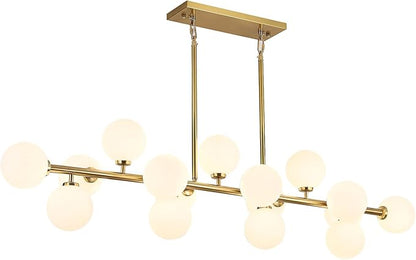 Mid Century Modern Chandelier 55in Linear Chandeliers 16-Light Brass Gold Pendant Lighting Fixture for Dining Room, Kitchen Island