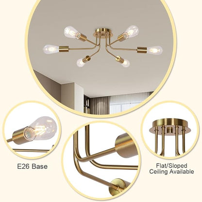 Mid Century Modern Ceiling Lighting Industrial Semi Flush Mount Light Fixture Brushed Brass 6 Light Sputnik Chandelier for Kitchen Dining Room Bedroom Living Room Foyer