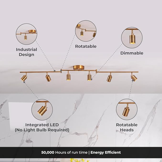 Shura Brushed Brass 6-Light Swivel Track Light with Rotatable Heads & Adjustable Arms, Integrated LED Bulbs, 5 ft. Ceiling Track Lighting Kit, 3000K, 3000 Lumens