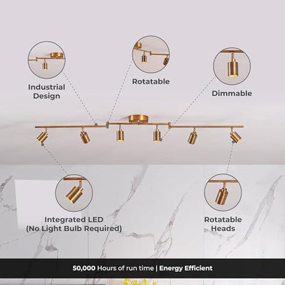 Shura Brushed Brass 6-Light Swivel Track Light with Rotatable Heads & Adjustable Arms, Integrated LED Bulbs, 5 ft. Ceiling Track Lighting Kit, 3000K, 3000 Lumens