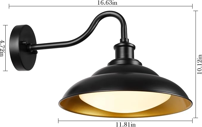 LED Outdoor Barn Lights, 12 Inch Farmhouse Exterior Wall Light Fixtures with Adjustable Color Temperature, Black Porch Lights Outside for House, Outdoor & Indoor, Gold Interior, 1 Pack