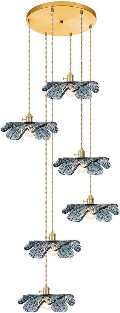 Foyer Chandelier for High Ceilings long Blue Floral pendant light Mid Century Glass Hanging Ceiling light Brushed Gold Flush Mount Ceiling Chandeliers for Staircase Entryway Living, Adjustable Height