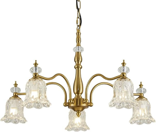 5 Lights Vintage Gold Chandelier, Elegant Rustic Chandeliers Glass Pendant Light Fixture for Dining Room Kitchen Living Room Bedroom