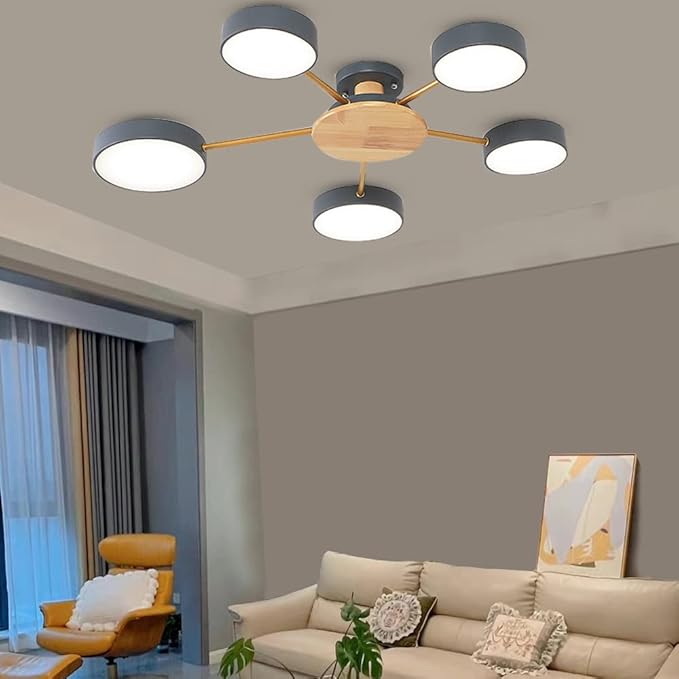 5-Lights LED Ceiling Light Fixture,32 Inch Modern Ceiling Lights Flush Mount Wooden 40W Dimmable Chandelier for Living Room Bedroom Kitchen,3000K/4000K/6000K Temperatures Selectable Grey