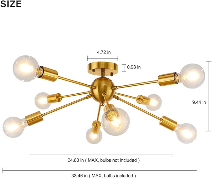LynPon Gold Ceiling Light Fixture, 8 Lights Plating Golden Sputnik Semi Flush Mount Ceiling Lights, Brass Chandelier Kitchen Mid Century Lighting Fixture for Living Dining Room Bedroom Hallway