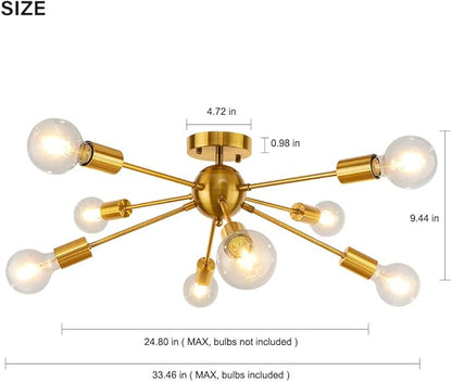 LynPon Gold Ceiling Light Fixture, 8 Lights Plating Golden Sputnik Semi Flush Mount Ceiling Lights, Brass Chandelier Kitchen Mid Century Lighting Fixture for Living Dining Room Bedroom Hallway
