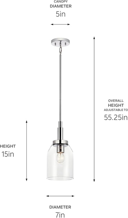 Kichler Madden 1-Light Mini Pendant Light Fixture with Clear Glass in Chrome, Kitchen Island Hanging Light Ceiling Mount for Bathroom or Kitchen (7" x 15"), 52725CH