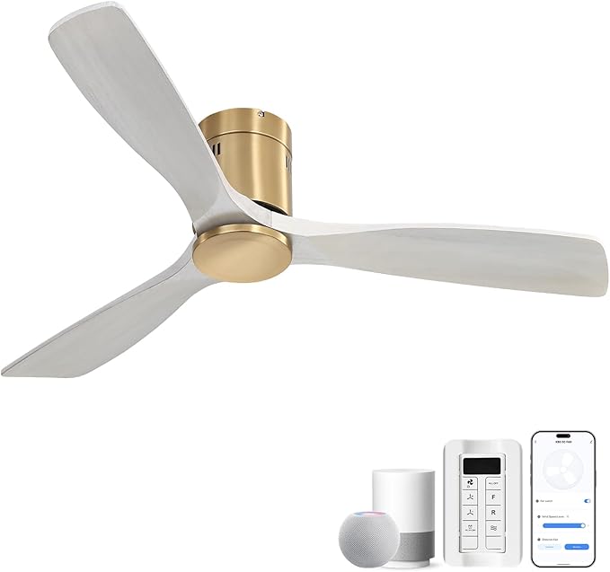 CACI Mall 52 Inch Smart Ceiling Fan without Light, Flush Mount, 3 Blades Solid Wood, Low Profile, Modern, Outdoor/Indoor Ceiling Fans No Light for Bedroom/Farmhouse/Patio