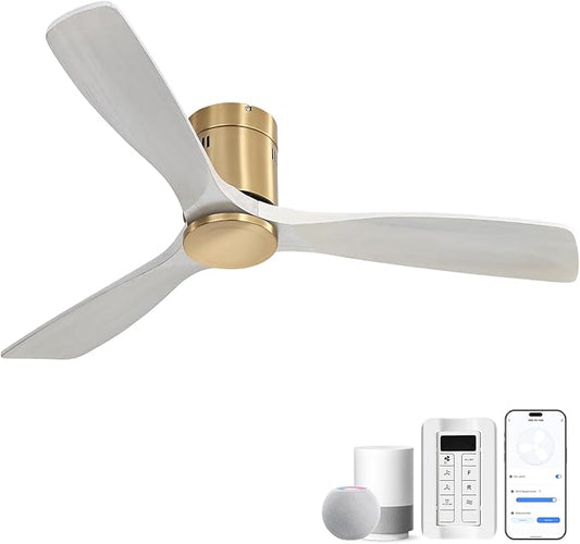 CACI Mall 52 Inch Smart Ceiling Fan without Light, Flush Mount, 3 Blades Solid Wood, Low Profile, Modern, Outdoor/Indoor Ceiling Fans No Light for Bedroom/Farmhouse/Patio