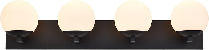 Black Bathroom Vanity Light Fixtures, 4-Light Globe Bathroom Lighting Fixtures Over Mirror, Modern Wall Lights for Living Room, Long Backplate, Standard E26 Base, Textured Black