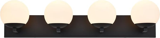 Black Bathroom Vanity Light Fixtures, 4-Light Globe Bathroom Lighting Fixtures Over Mirror, Modern Wall Lights for Living Room, Long Backplate, Standard E26 Base, Textured Black