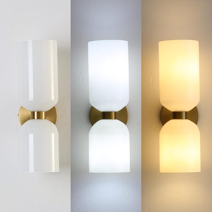 Modern Glass Wall Sconces- Double Head Wall Lighting with Long Short Glass Shades- Bathroom Vanity Light Mid-Century Up Down Hardwired Wall Lamp Indoor for Bedroom Hallway Living (Gold-White)