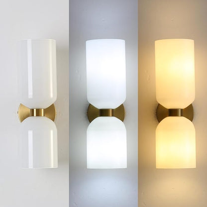 Modern Glass Wall Sconces- Double Head Wall Lighting with Long Short Glass Shades- Bathroom Vanity Light Mid-Century Up Down Hardwired Wall Lamp Indoor for Bedroom Hallway Living (Gold-White)