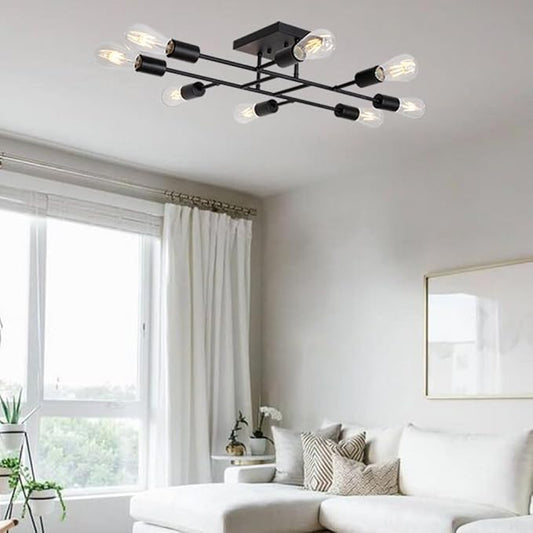 Modern Ceiling Light Semi Flush Mount Light Fixture Mid Century Black Sputnik Chandeliers with 8 Lights Kitchen Light Ceiling for Bedroom Dining Room Living Room Lighting
