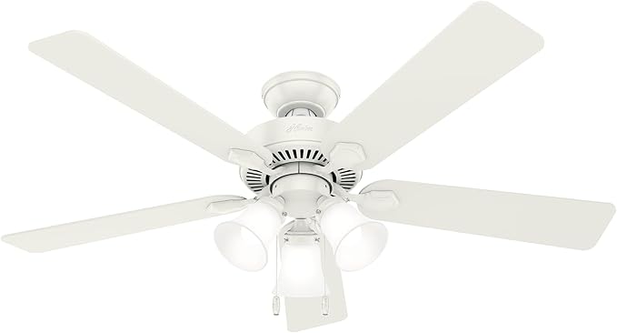 Hunter 52 inch Indoor Ceiling Fan with LED Lights - White Ceiling Fan with Pull Chain, For Bedroom, Living Room, or Kitchen, Standard Mount, No Remote, 5 Blades - Swanson 50895, Fresh White
