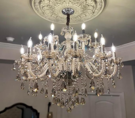 Cognac 18 Lights Crystal Chandelier,Chandeliers for Dining Room,Bedroom,Living Room, Candle Pendant Lamp Ceiling Lighting, 39 inch x32 Inch (Color:Cognac) with 18pcs 5W E12 LED Bulbs.