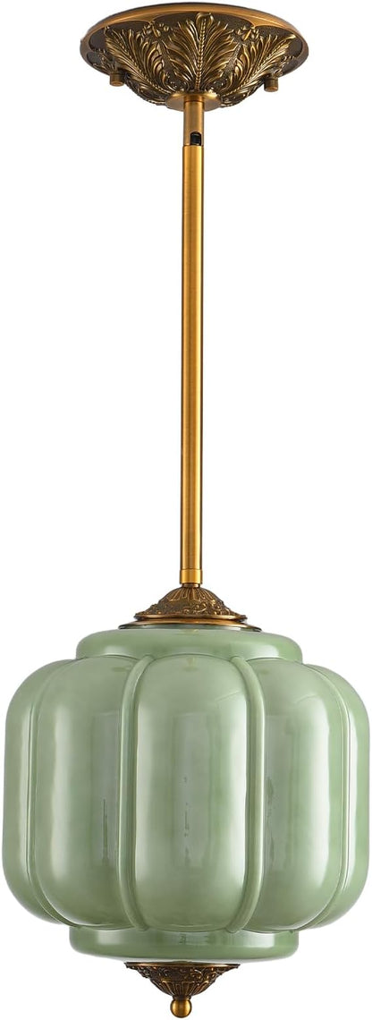 LOUSACE Vintage Milk Glass Pendant Light Fixture, 10 Inch Green Semi Flush Mount Ceiling Light for Dining Room, Bedroom, Hallway, Entryway (Bulb Included)