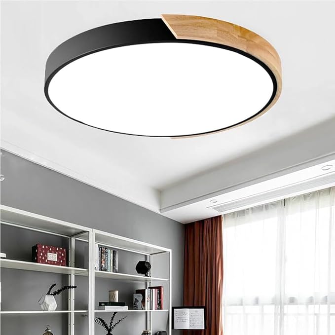 LED Ceiling Light Fixture,10 Inch Modern Wood Recessed Ceiling Lights,Dimmable Light,12W Black Close to Ceiling Lighting Flush Mount Living Room Bedroom,3000K-6000K