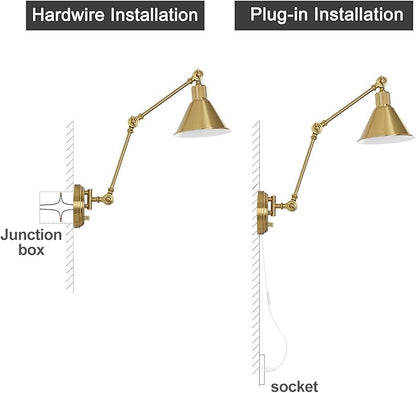 TRLIFE Wall Sconces Plug in, Dimmable Wall Sconces Brushed Brass Swing Arm Wall Lights Plug in Wall Mounted Light Industrial Wall Lights with 6FT Plug in Cord, E26 Base, UL Listed(2 Pack, 2 Bulbs)