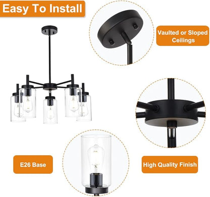 5 Light Contemporary Chandeliers Black Modern Lighting Fixtures Hanging,Industrial Vintage Pendant Lights with Clear Glass Shade Flush Mount Ceiling Light for Dining Room Bedroom